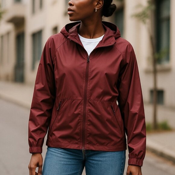 WOOLRICH Hybrid Windbreaker Utility Jacket S Beet Red Hood Packable Travel - Picture 1 of 14